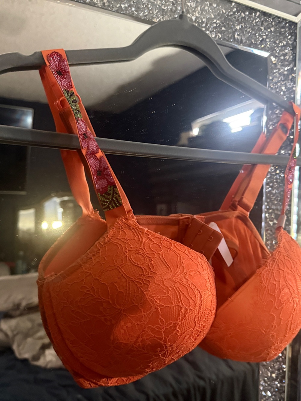 Victoria's Secret Orange Lace Push-Up Bra with Embroidered Straps